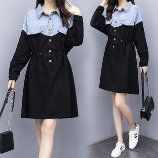 Long-sleeve Denim Panel A-line Shirtdress