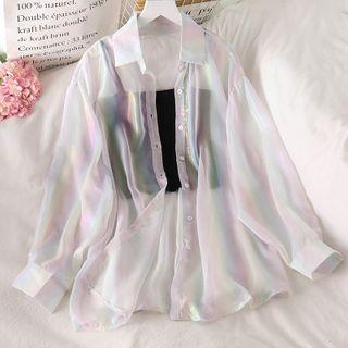Iridescent Sheer Long-sleeve Blouse