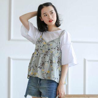 Set: Plain Elbow-sleeve Top + Floral Print Camisole Top