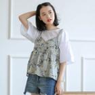Set: Plain Elbow-sleeve Top + Floral Print Camisole Top