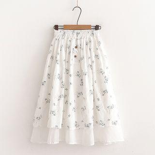 Floral Print Midi Skirt White - One Size