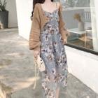 Flower Print Spaghetti Strap Dress / Cropped Chunky Knit Cardigan