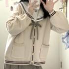 Tie-front Sailor Collar Cardigan Off-white - One Size