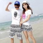 Couple Matching Set: Print Short-sleeve T-shirt + Patterned Shorts