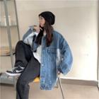 Polo-neck Patterned Panel Denim Jacket