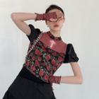 Puff-sleeve Mesh Panel Floral Blouse With Arm Sleeves Red & Black - One Size