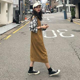 Plaid Long-sleeve Loose-fit Shirt / Sleeveless Dress
