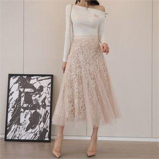 Tulle-overlay Long Flare Lace Skirt