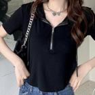 Short-sleeve Half-zip Hooded Cropped T-shirt