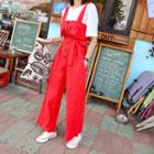 Buttoned Linen Blend Overalls Pants With Sash