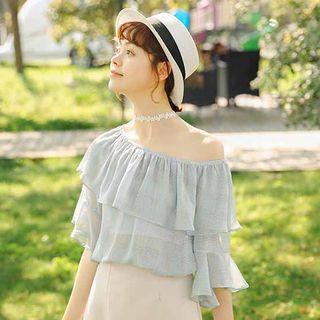 Off-shoulder Plaid Chiffon Top