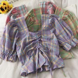 Plaid Ruffled-trim Drawstring Crop Top