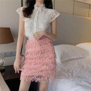 Cap-sleeve Lace Embellished Blouse / Tiered Tasseled Fitted Mini Skirt
