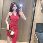 V-neck Plain Slim-fit Halter Dress