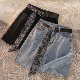 Paisley Print Belt A-line Denim Skirt