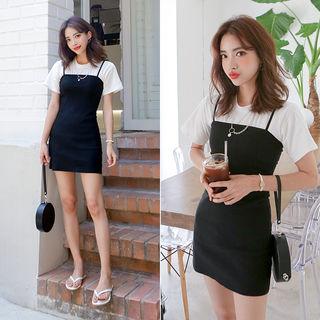 Set: Round-neck Plain Top + Spaghetti-strap Minidress