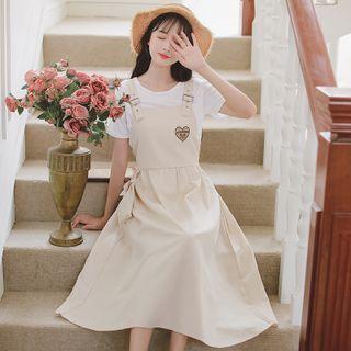 Set: Bear Embroidered Midi A-line Overall Dress + Crossbody Bag