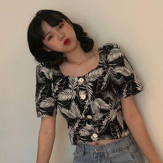 Leaf Print Square-neck Cropped Blouse