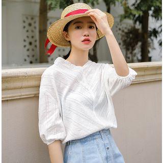 Elbow-sleeve Lace Top White - One Size