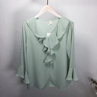 Plain Ruffle Trim 3/4 Sleeve Blouse