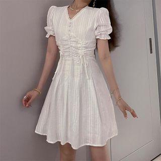 Puff-sleeve Striped Drawstring A-line Dress