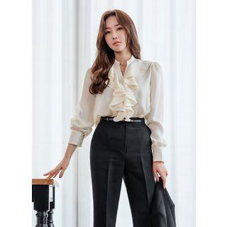 Open-placket Ruffle-trim Satin Blouse Ivory - One Size