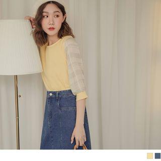 Plaid Panel Elbow Sleeve Top