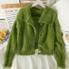 Set: Furry-knit Camisole Top + Collared Slim-fit Cardigan In 5 Colors