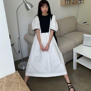 Elbow-sleeve Paneled Midi A-line Dress White & Black - One Size