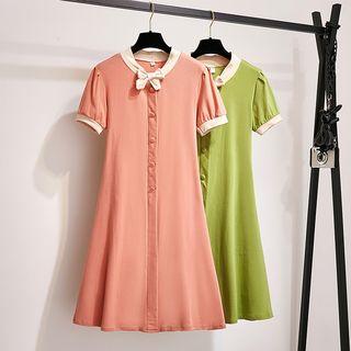 Short-sleeve Bow-accent Buttoned A-line Dress