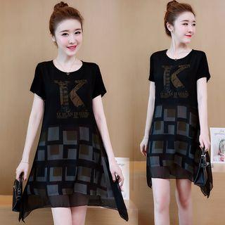 Short-sleeve Patterned Mini A-line Chiffon Dress