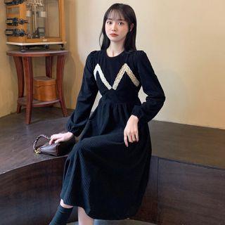 Long-sleeve Lace Panel Corduroy Dress