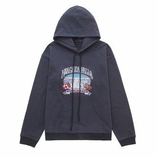 Long-sleeve Hooded Print Loose-fit Top Gray - One Size