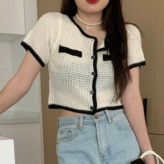 Short-sleeve Contrast Trim Knit Cropped Cardigan