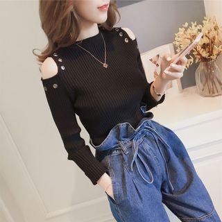 Eyelet Detail Cold Shoulder Long-sleeve Knit Top