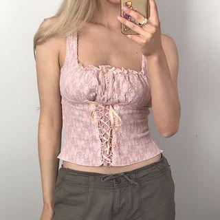 Lace Lace-up Ruffled-trim Tank Top