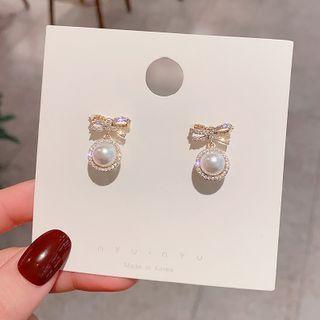 Bow Rhinestone Faux Pearl Dangle Earring 1 Pair - E1654 - Gold - One Size