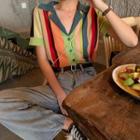 Color-block Single-breasted V-neck Short-sleeve Blouse As Shown In Figure - One Size
