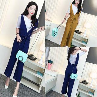 Set: White Tee+wide-leg Jumpsuit