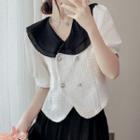 Short-sleeve Wide Collar Double-breasted Blouse