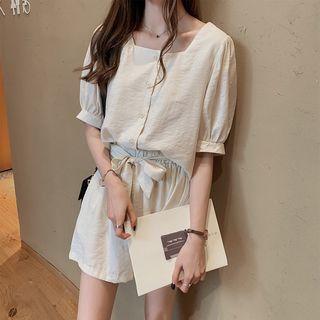 Set: Square-neck Elbow-sleeve Blouse + Tie-waist Wide-leg Shorts