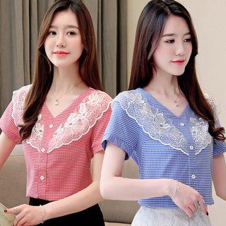 Lace Trim Short-sleeve Check Shirt