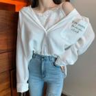 Mock Two-piece Lettering Blouse White - One Size