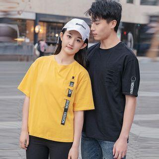 Couple Matching Set: Elbow-sleeve Distressed T-shirt + Lettering Print T-shirt