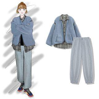 Plaid Panel Zip Jacket / Sweatpants