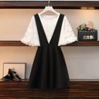 Set: Short-sleeve Lace Blouse + Sleeveless Mini Dress