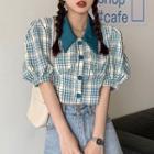Puff-sleeve Plaid Blouse Blue - One Size