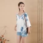 Elbow-sleeve Indigo Dyed V-neck T-shirt