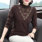 Long-sleeve Rhinestone-accent Lace Panel Top