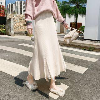Plain A-line Fringed Knit Midi Skirt